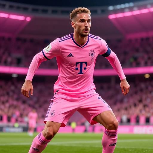 Photograph of a male soccer player in pink Bayern Munich uniform, number 2, with short spiked hair, running on a brightly lit stadium field.