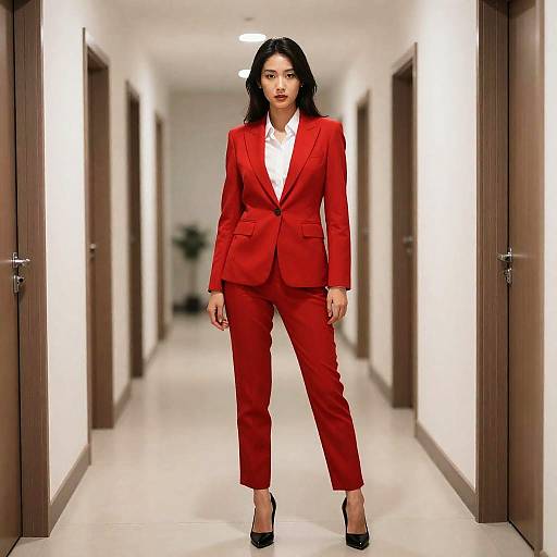 Photograph of an Asian woman in a red suit, white shirt, and black heels, walking confidently down a brightly lit, white-walled hallway with