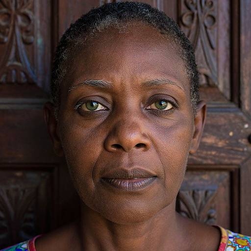 Photograph of a serious, middle-aged Black woman with short, curly hair and green eyes, standing against a dark, intricately carved wooden background.