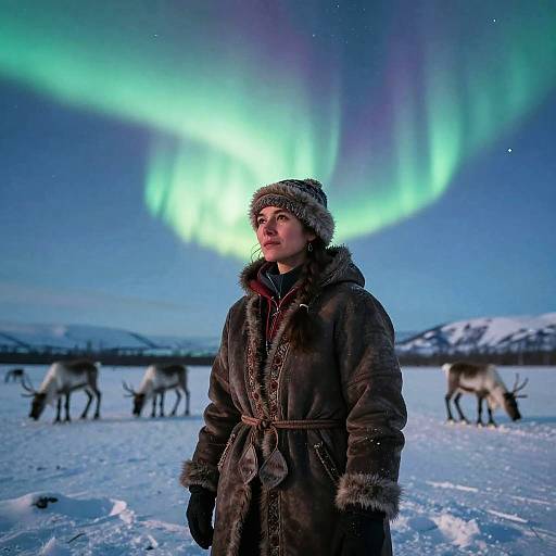 Sami Reindeer Herder Under Northern Lights