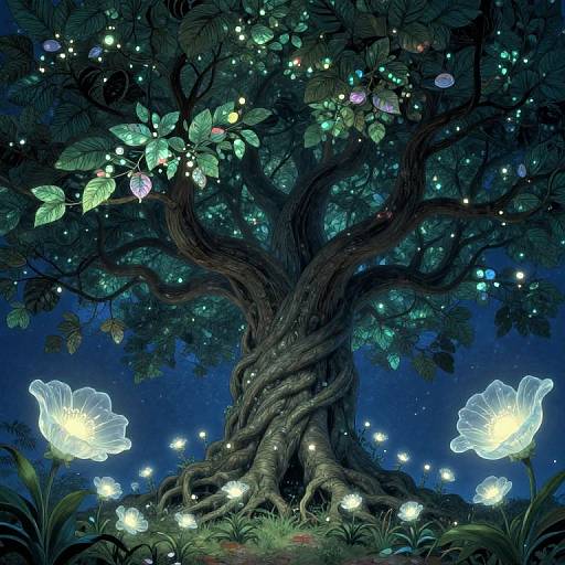 Digital fantasy artwork of a twisted, enchanted tree with glowing fireflies, bioluminescent flowers, and vibrant green leaves against a deep blue night sky