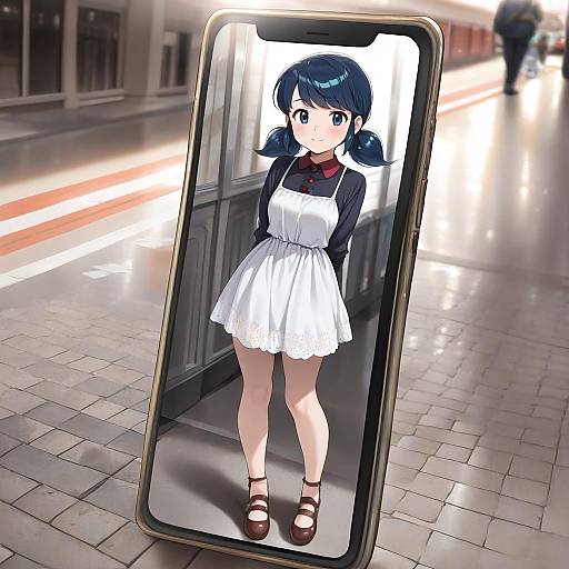 Digital anime-style drawing of a blue-haired girl in a white dress and brown sandals, reflected in an upright smartphone on a city sidewalk. Blurred background