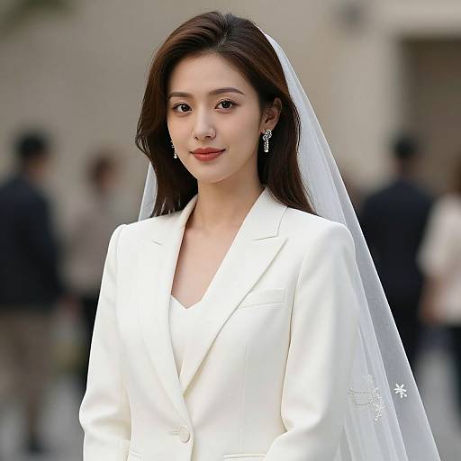 Photograph of an Asian bride with fair skin, dark brown hair, and red lipstick, wearing a white suit and veil, standing outdoors with a blurred