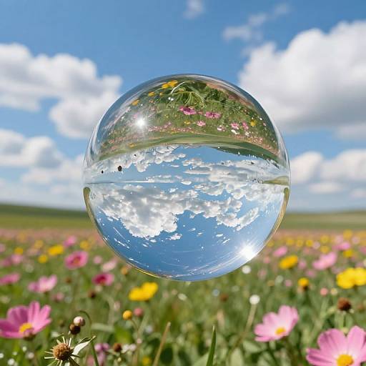 Photograph of a clear glass-like bubble reflecting a colorful field of pink, yellow, and white flowers under a bright blue sky with fluffy white clouds.
