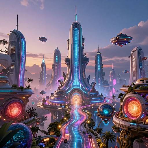 Digital artwork of a futuristic cityscape at sunset, featuring glowing neon skyscrapers, flying saucers, and a winding, illuminated road. Palm