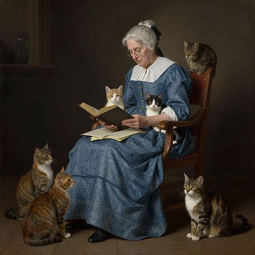 Photograph of an elderly woman in a blue dress, reading a book to four attentive cats in a dimly lit room.