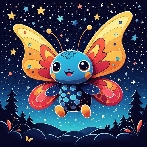 Cute Cartoon Butterfly Under Starry Night Sky