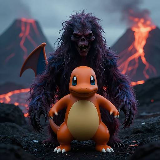 Photorealistic CGI: Charmander with orange skin, small wings, and cream belly stands in front of a menacing, dark-furred, wolf
