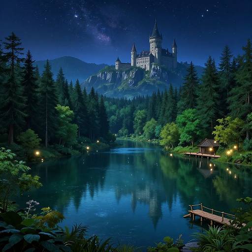 Photorealistic digital painting of a moonlit night scene with a reflective lake, forested mountains, and a majestic castle under a starry sky.