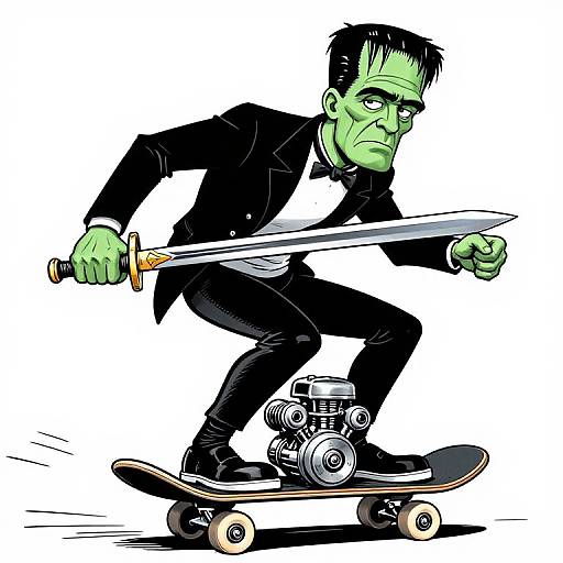Cartoon of a green-skinned, black-suited man with a serious expression, wielding a sword, skateboarding aggressively. Digital art.