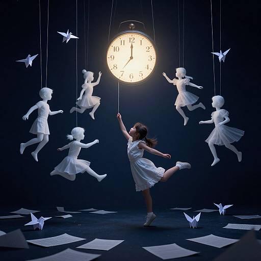 Photograph: A dancing girl in a white dress reaches for a suspended clock, surrounded by floating paper doll cutouts and butterflies in a dark, check