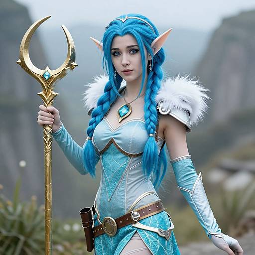 Digital art of a blue-haired elf woman with pointed ears, wearing a blue, armored dress, holding a golden trident, in a misty mountain