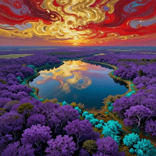 Surreal digital artwork: Vibrant, swirling red and gold sky reflects on a serene purple-tinted lake surrounded by colorful, otherworldly