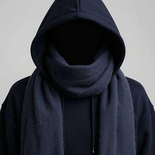 Photograph of a person wearing a black hooded jacket and a thick, dark gray scarf, with their face obscured by the hood. White background.