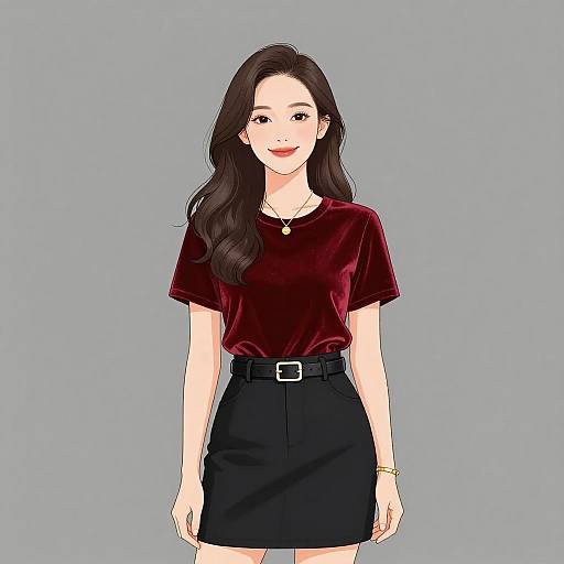 Digital illustration of a smiling Asian woman with long black hair, wearing a red velvet shirt, black skirt, and belt, against a gray background.