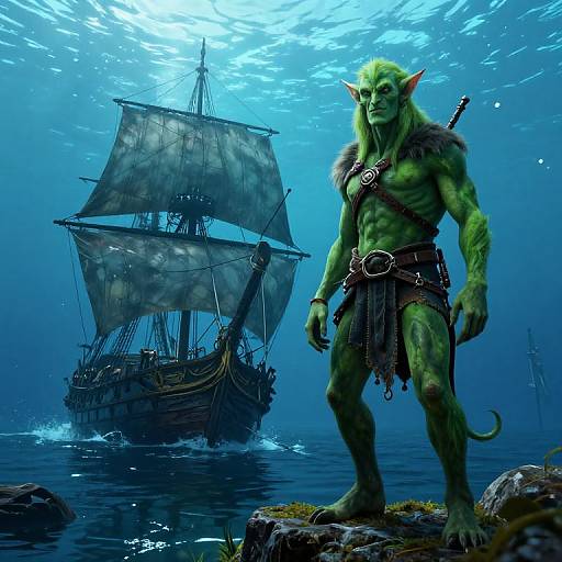 Digital fantasy artwork: Muscular, green-skinned orc with pointed ears, fur belt, and sword stands on rocky shore, facing ancient, sail-filled
