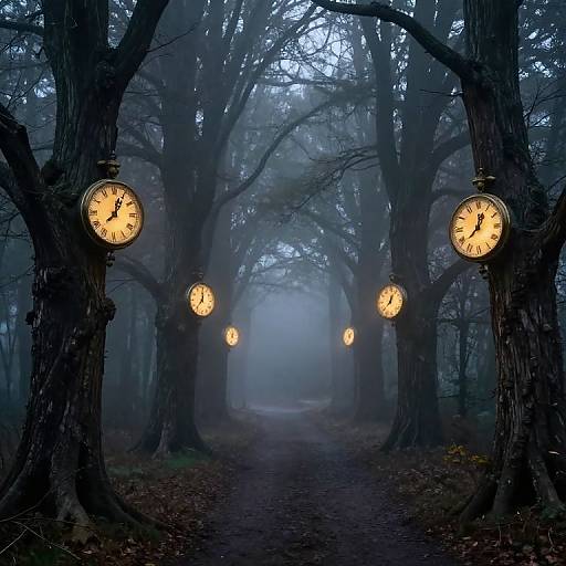 Mysterious forest path illuminated by glowing vintage clock faces hanging from trees, shrouded in mist at dawn. Photorealistic digital art.