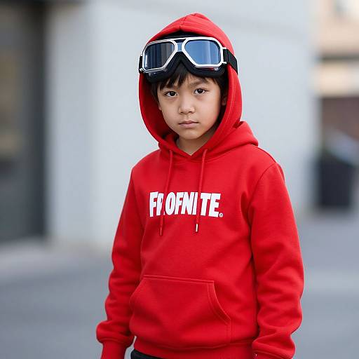 Photograph of a young Asian boy with short black hair, wearing a bright red hoodie with 