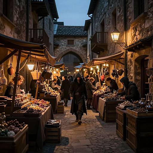Photograph of a bustling, medieval-style evening market with warm, glowing lanterns, stone buildings, and shoppers browsing vendors' stalls of jewelry and goods