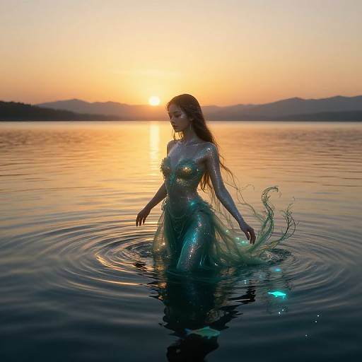 Photograph of a silhouetted woman with long hair in a shimmering, translucent dress, standing waist-deep in calm water during a sunset