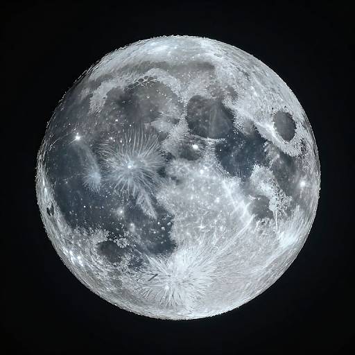 Photorealistic digital image of a full moon with detailed craters, bright white highlights, and a dark blue-black background.