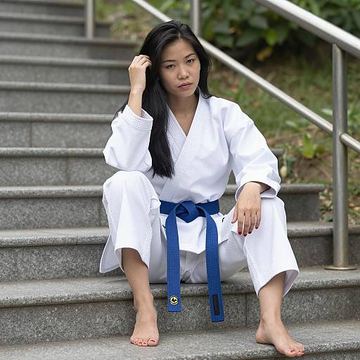 Asian Woman in Karate Gi Sitting on Stone Steps