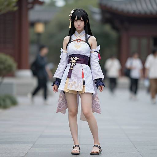 Photograph of an Asian woman in a white, traditional Japanese-inspired outfit with black hair, floral accessories, and sandals, walking down a blurred, outdoor