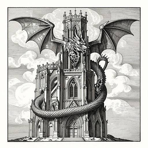 Black-and-white ink drawing of a gothic cathedral with a large, coiled dragon with wings enveloping it, surrounded by clouds.