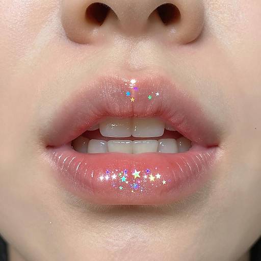 Close-up of lips with holographic star sparkles