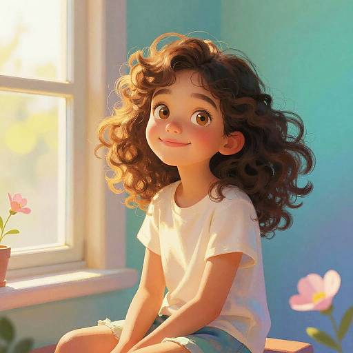 Digital illustration of a curly-haired, brown-eyed girl with a warm smile, wearing a white t-shirt and blue shorts, sitting by a sunlit window