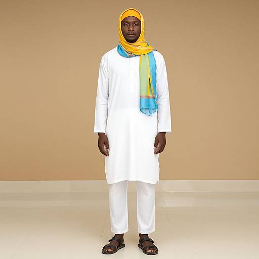 Man in White Outfit with Scarf