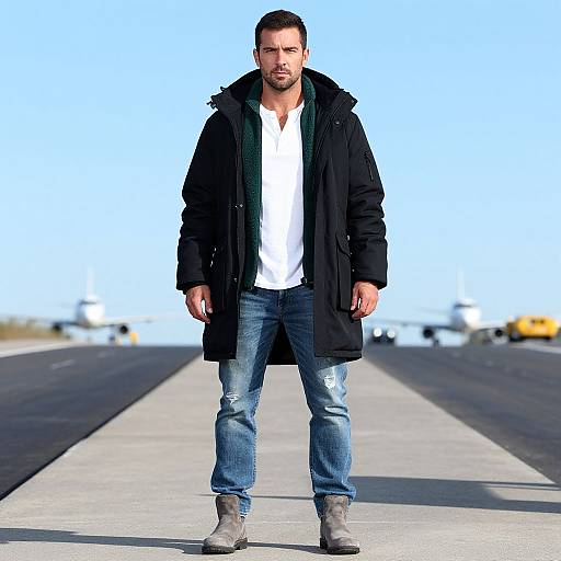Photograph of a bearded man in a black coat, white shirt, blue jeans, and grey boots standing on an airport runway.