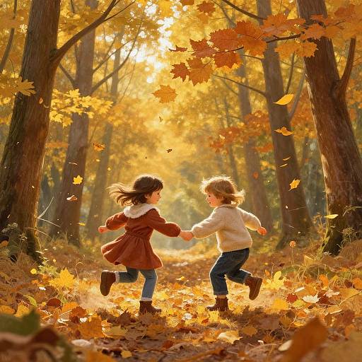 Children Playing in Sunlit Autumn Forest