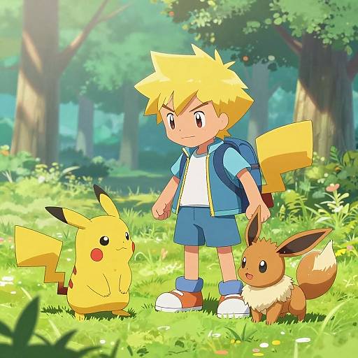 Anime-style drawing of a blonde boy in a blue jacket and shorts, with a Pikachu and Eevee in a sunlit forest.