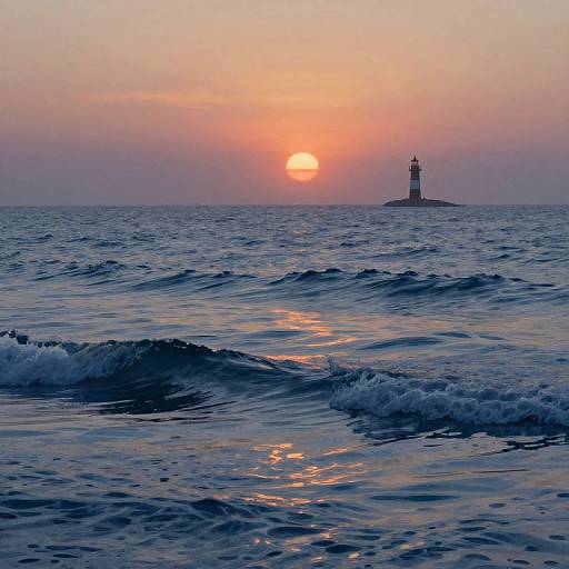 Photograph of a serene ocean at sunset, with gentle waves reflecting orange and pink hues. A distant lighthouse stands silhouetted against the glowing