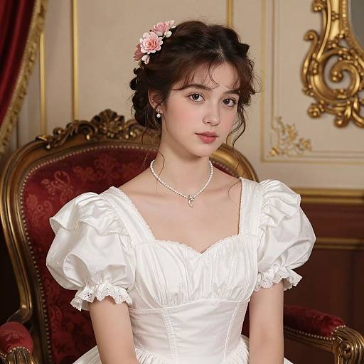Photograph of a young Asian woman with fair skin, wearing a white, puffed-sleeve wedding dress, pink flower hairpiece, and pearl