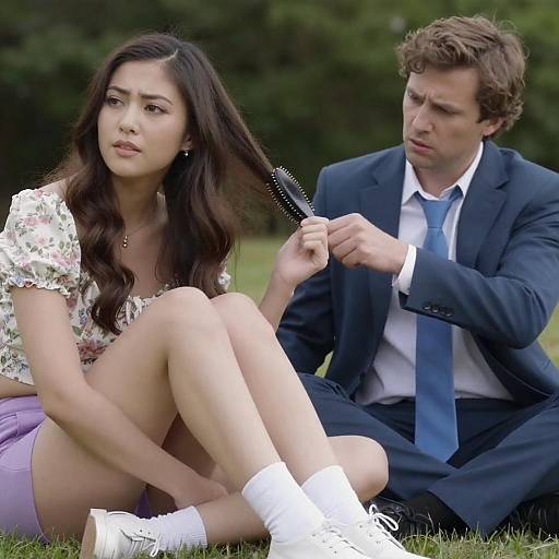 Man Brushing Woman's Hair Outdoors