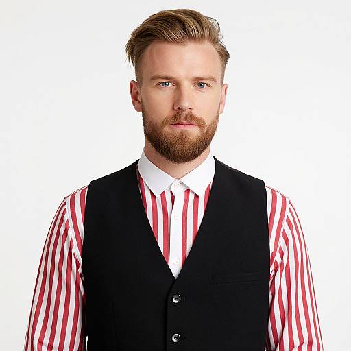 Photograph of a bearded Caucasian man with light brown hair, wearing a black vest over a red and white striped shirt, against a white background.