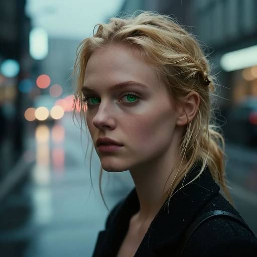 Photograph of a serious blonde woman with green eyes, wearing a black coat, standing on a rainy urban street at dusk. Blurred city lights and