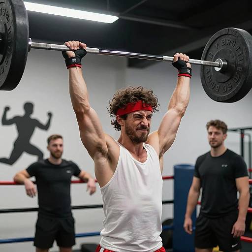 Muscular man lifting barbell overhead in gym