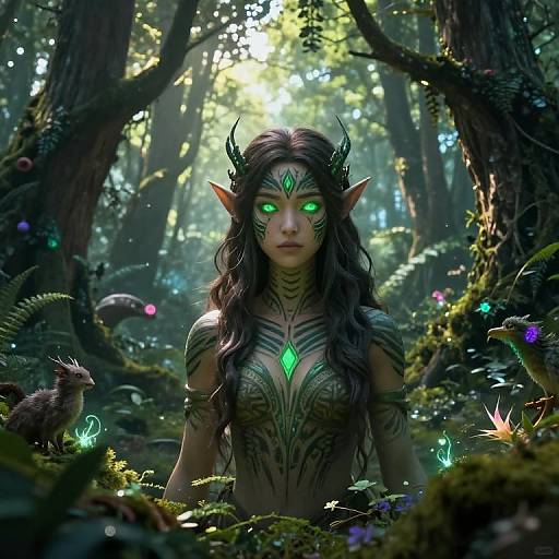 Digital fantasy artwork of an elven woman with glowing green eyes, black hair, pointed ears, green gem necklace, and dark tattoos, standing in a
