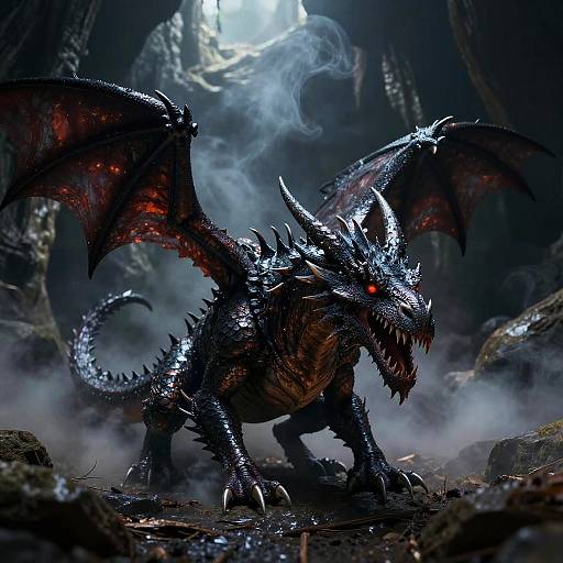 Digital art of a fierce, black-scaled dragon with glowing red eyes, red wing membranes, and sharp spikes, roaring in a dark, misty