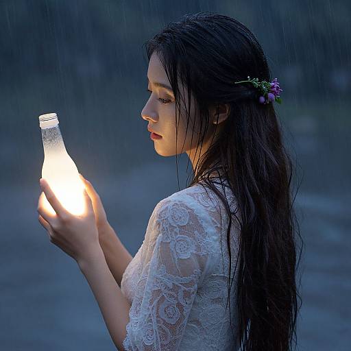 Photograph of a young woman with long wet black hair, wearing a white lace top, holding a glowing bottle, rain falling, dark blue background,