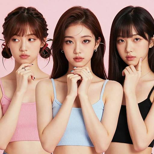 Photograph of three Asian women with long dark hair, wearing pastel pink, light blue, and black crop tops, standing closely, hands near ch