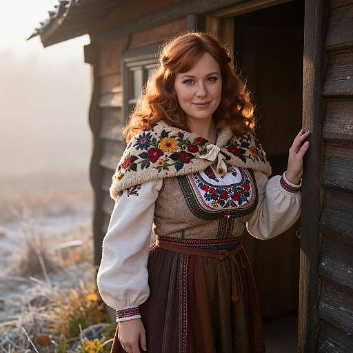 Photograph of a red-haired woman with wavy hair, wearing a traditional embroidered dress and floral shawl, standing in a wooden cabin doorway at sunset