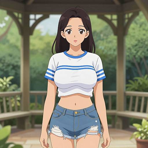 Anime-style digital drawing of a cute, young woman with long black hair, wearing a white crop top with blue stripes and distressed denim shorts, standing in