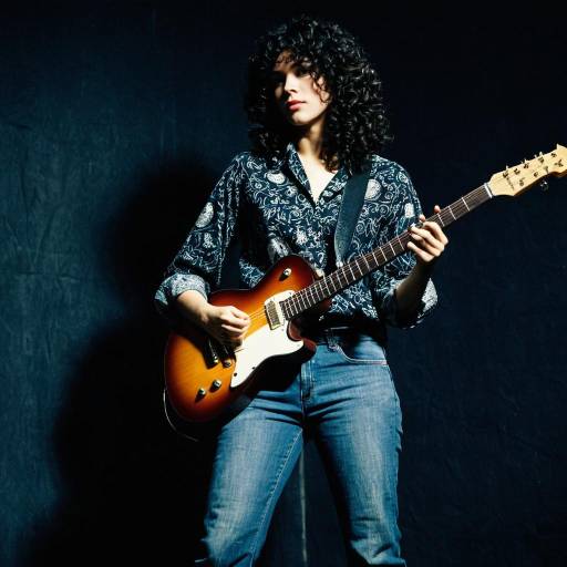 Woman Playing Electric Guitar in Vintage Rock Outfit