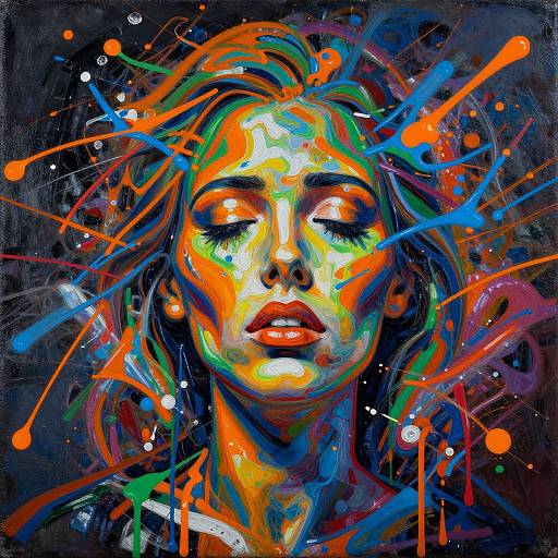 Vibrant digital portrait of a woman with colorful abstract splashes, closed eyes, and orange-red lips, set against a dark background.