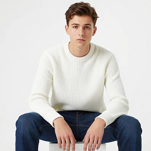 Photograph of a young man with short brown hair, wearing a white knit sweater and blue jeans, sitting against a plain white background.