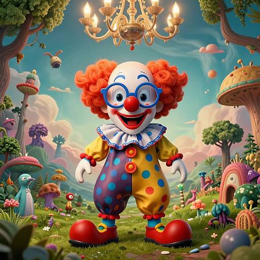 Vibrant digital illustration of a cheerful clown with red hair, blue glasses, colorful polka-dot suit, and red shoes, standing in a whims